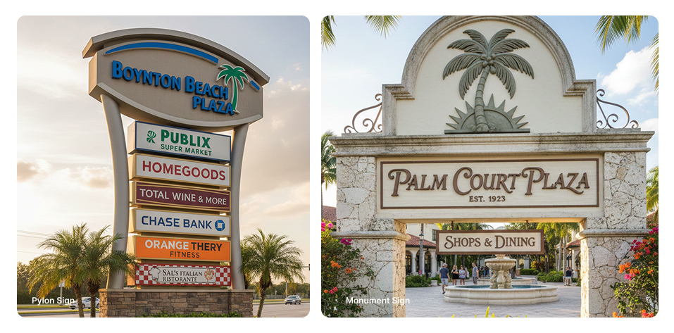 Monument sign vs pylon sign comparison for business visibility and zoning